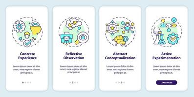 Kolbs experiential theory onboarding mobile app screen. Learning cycle walkthrough 4 steps editable graphic instructions with linear concepts. UI, UX, GUI template vector