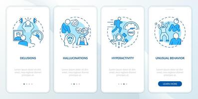 Schizophrenia positive symptoms blue onboarding mobile app screen. Walkthrough 4 steps editable graphic instructions with linear concepts. UI, UX, GUI template vector