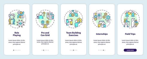 Experiential learning activity onboarding mobile app screen. Education walkthrough 5 steps editable graphic instructions with linear concepts. UI, UX, GUI template vector