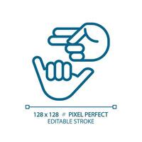 Deaf sign language light blue icon. Nonverbal communication. Hearing loss service. Deaf asl learning. RGB color sign. Simple design. Web symbol. Contour line. Flat illustration. Isolated object vector