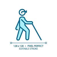 Blind with cane light blue icon. Vision loss, walking stick. Disabled person. Blindness diagnose. RGB color sign. Simple design. Web symbol. Contour line. Flat illustration. Isolated object vector