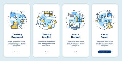 Demand and supply keys onboarding mobile app screen. Quantity market walkthrough 4 steps editable graphic instructions with linear concepts. UI, UX, GUI template vector