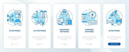 Battery variations blue onboarding mobile app screen. Walkthrough 5 steps editable graphic instructions with linear concepts. UI, UX, GUI template vector