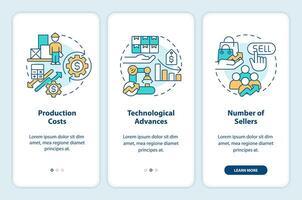 Production advanced onboarding mobile app screen. Supply determinants walkthrough 3 steps editable graphic instructions with linear concepts. UI, UX, GUI template vector