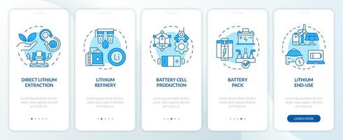 Battery cell production blue onboarding mobile app screen. Walkthrough 5 steps editable graphic instructions with linear concepts. UI, UX, GUI template vector
