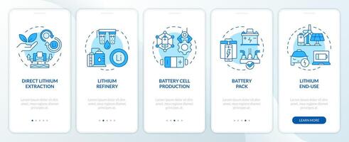 Battery cell production blue onboarding mobile app screen. Walkthrough 5 steps editable graphic instructions with linear concepts. UI, UX, GUI template vector