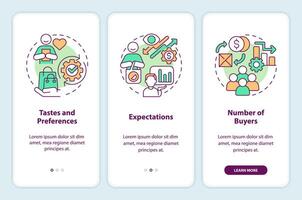 Determinants of demand onboarding mobile app screen. Law of supply walkthrough 3 steps editable graphic instructions with linear concepts. UI, UX, GUI template vector