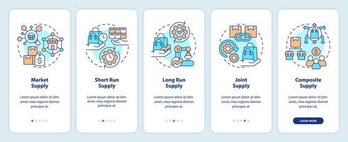 Market economics onboarding mobile app screen. Types of supplies walkthrough 5 steps editable graphic instructions with linear concepts. UI, UX, GUI template vector