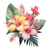 AI generated Serene Tropical Foliage and Blooms in Watercolor png