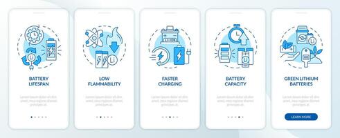 Lithium batteries characteristics blue onboarding mobile app screen. Walkthrough 5 steps editable graphic instructions with linear concepts. UI, UX, GUI template vector