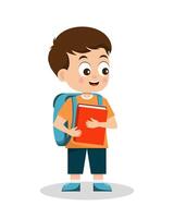 A schoolboy with a backpack and a book in his hands vector