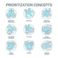 Prioritization techniques soft blue concept icons. Time management. Icon pack. Vector images. Round shape illustrations for infographic, brochure, booklet, promotional material. Abstract idea