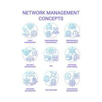 Network management blue gradient concept icons. System architecture, performance monitoring. Network automation, log analyzer. Icon pack. Vector images. Round shape illustrations. Abstract idea