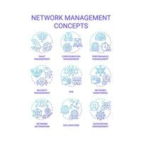 Network management blue gradient concept icons. System architecture, performance monitoring. Network automation, log analyzer. Icon pack. Vector images. Round shape illustrations. Abstract idea