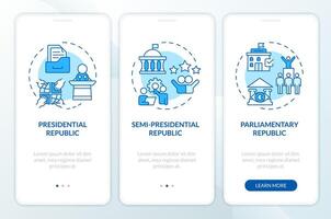 Political structure blue onboarding mobile app screen. Walkthrough 3 steps editable graphic instructions with linear concepts. UI, UX, GUI template vector