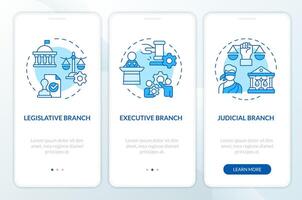 Branches of government blue onboarding mobile app screen. Walkthrough 3 steps editable graphic instructions with linear concepts. UI, UX, GUI template vector