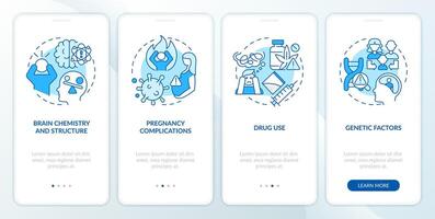 Schizophrenia causes blue onboarding mobile app screen. Risk factors. Walkthrough 4 steps editable graphic instructions with linear concepts. UI, UX, GUI template vector