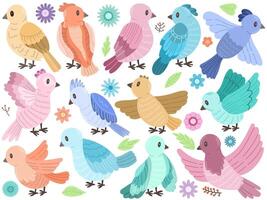 Large set with birds, flowers and leaves on a white background. Vector cute illustration