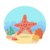 Sea shell in the shape of a star animal against the backdrop of a sea or ocean landscape. Vector illustration