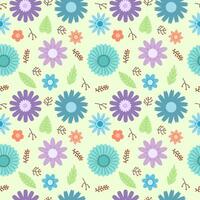 Seamless green pattern with colorful flowers and leaves. Vector