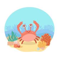 Crab sea animal against the backdrop of a sea or ocean landscape. Vector illustration