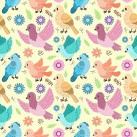 Cute birds spring or summer background with flowers and leaves on a light background. Vector