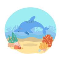 Dolphin is a sea animal against the backdrop of a sea or ocean landscape. Vector illustration