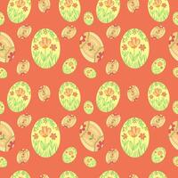 Seamless pattern with Easter colored eggs on a red background. Vector