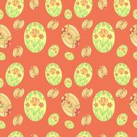 Seamless pattern with Easter colored eggs on a red background. Vector