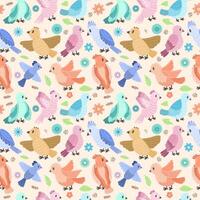 Seamless pattern with colorful birds, flowers and leaves on a colored background. Cute birds modern flat design vector