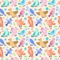 Seamless pattern with colorful birds, flowers and leaves on a colored background. Cute birds modern flat design vector