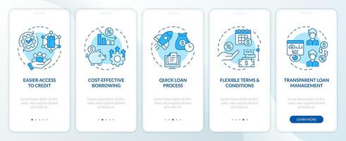 P2P for borrowers blue onboarding mobile app screen. Lending advantages walkthrough 5 step editable graphic instructions with linear concepts. UI, UX, GUI template vector