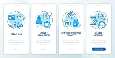 Disadvantages P2P loans blue onboarding mobile app screen. Lending risks walkthrough 4 editable graphic instructions with linear concepts. UI, UX, GUI template vector