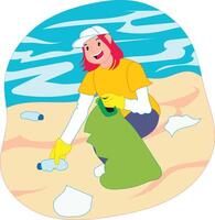 niña limpieza el playa vector ilustración