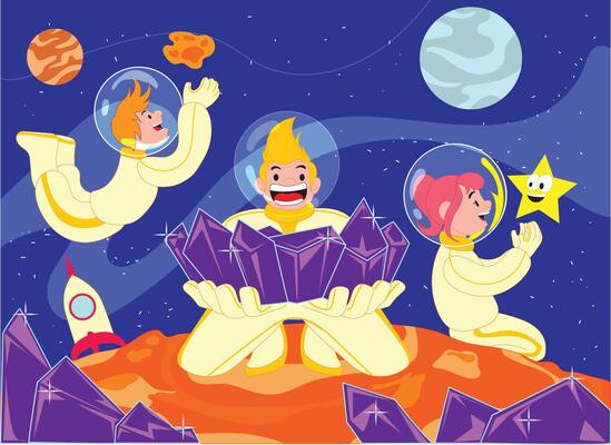 A group of children are exploring a new planet and are on the surface of an exotic planet. observing unique outer space and crystal rocks.