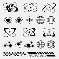 Retro futuristic y2k elements design with sparkling, retro globes star abstract shapes vector