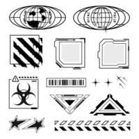 Graphic design element Futuristic Cyberpunk style globes, stripe melting, outline frame Hud vector