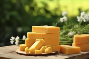 AI generated Variety of Cheeses Placed on Wooden Cutting Board photo