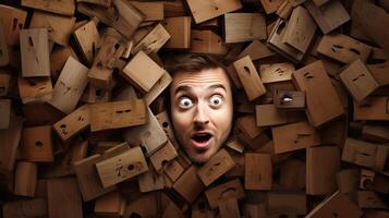 AI generated Man Peeking Out From Pile of Wooden Blocks photo