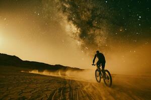 AI generated Man Riding Bike Down Dirt Road Under Night Sky photo