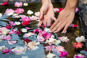 AI generated Person Reaching for Flowers in Pool of Water photo