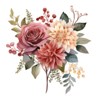 AI generated Dreamy Dahlia, Rose, and Eucalyptus Watercolor Composition png