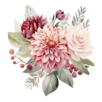 AI generated Graceful Dahlia, Rose, and Eucalyptus Bouquet on Clear Canvas png