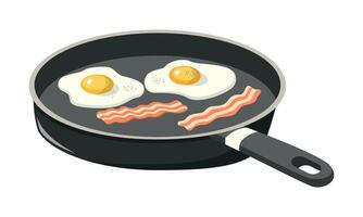 Fried eggs with bacon in a frying pan. Breakfast illustration. Isolated on white background vector