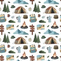 Hand drawn seamless pattern with summer camping equipment. Cartoon vector background. Isolated on white background. Travel and adventure accessories.