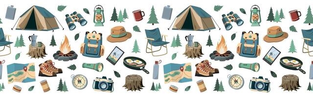 Collection of forest camping equipment. Vector seamless border. Isolated on white background. Travel and adventure accessories.