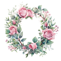 AI generated Pink Roses and Greenery Watercolor Border on Clear Background png