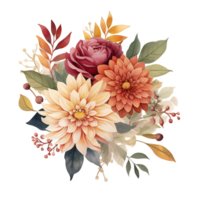 AI generated water color autumn floral bouquet with dahlia, rose and eucalyptus leaves isolated png