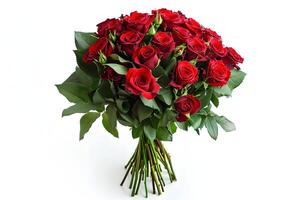 a bouquet of full of red roses and leaves, isolated on white photo