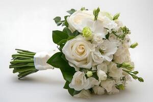 a bouquet of full of red roses and leaves, isolated on white photo